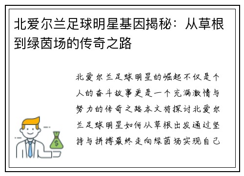北爱尔兰足球明星基因揭秘：从草根到绿茵场的传奇之路